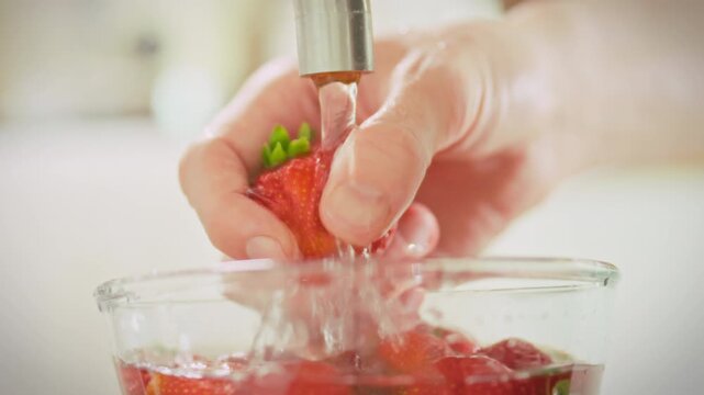 A man's hands wash strawberries under running water in a transparent bowl in a bright kitchen. Concept of everyday kitchen life and caring for food freshness