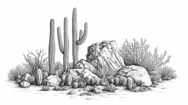 Desert landscape sketch with towering cacti, rocky terrain, and scrub brush