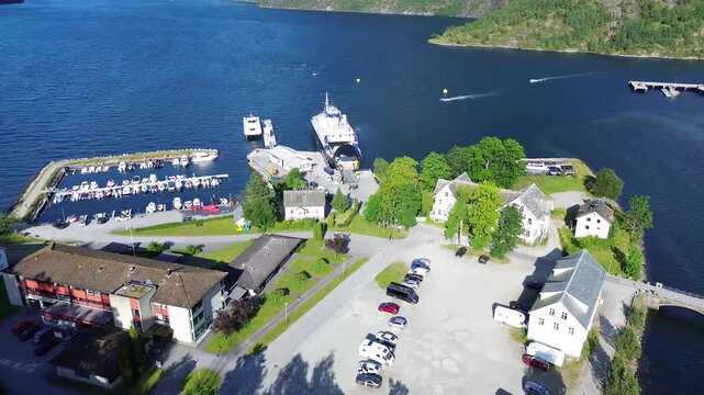 Aerial View of Ferry and Boats at Hellesylt Harbor, Norway