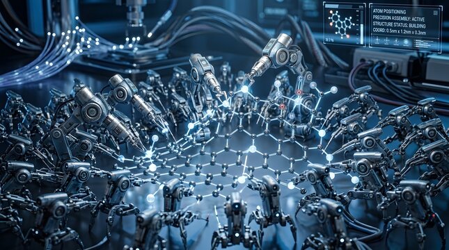 Advanced nanobots constructing a complex molecular structure with digital interface