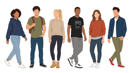 Fototapeta premium Professional vector collection featuring different man and woman wearing casual everyday outfits, comfortable t-shirts, hoodies, denim jeans, sneakers, relaxed modern clothing