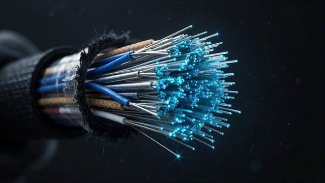 Fiber optic cable interior high speed data transmission with illuminated blue light bundles