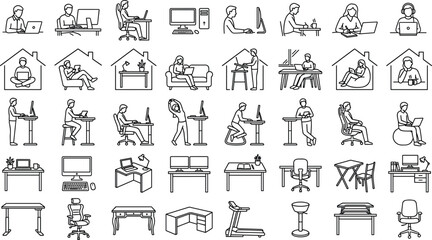 Fototapeta premium Remote work ergonomics line icon set featuring freelance office desks standing workstations chairs and home workplace furniture vector
