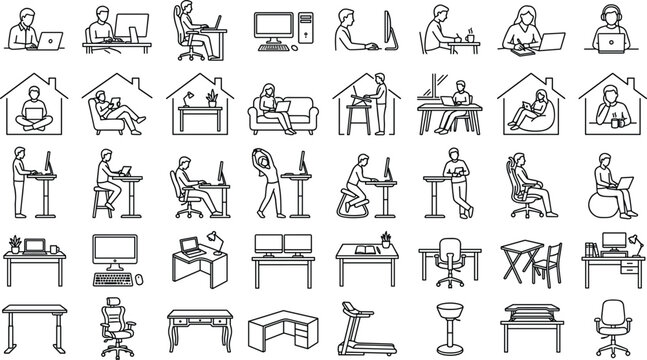 Remote work ergonomics line icon set featuring freelance office desks standing workstations chairs and home workplace furniture vector