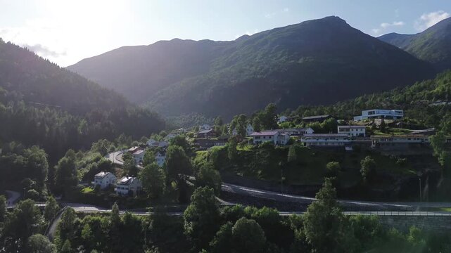 Aerial View of Hellesylt Village Surrounded by Mountains in Norway