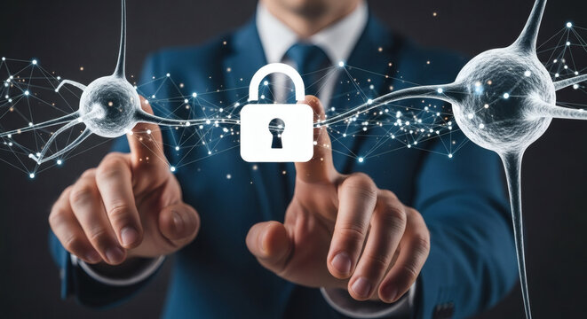 Cybersecurity and AI technology concept showing neural network protection with lock icon managed by businessman