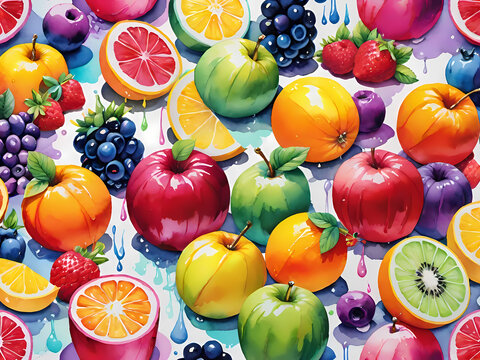 Seamless pattern of vibrant digital fruit illustrations featuring apples oranges and berries with watercolor splatters on background
