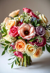 Obraz premium Colorful floral bouquet with roses, ranunculus, and babys breath, elegant wedding and celebration flowers