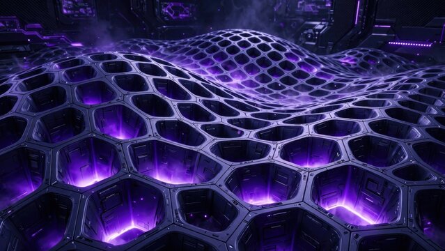Abstract Futuristic Hexagonal Grid with Glowing Purple Energy.