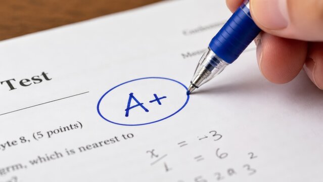 Hand using blue pen to grade test paper with A plus mark.