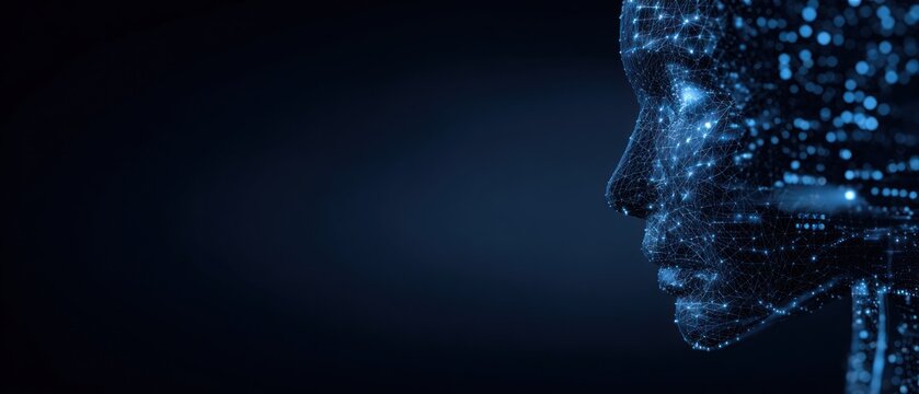Digital humanoid face illuminated by blue circuit lights against dark background