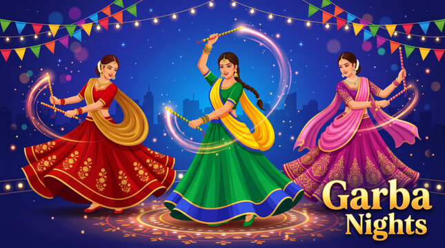 Three Women Performing Traditional Garba Dance with Dandiya Sticks Under Festive Lights for Navratri Event Banner