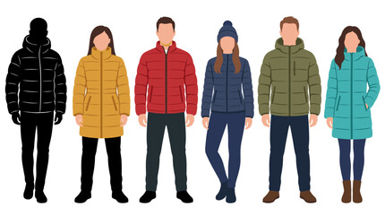 Professional vector collection featuring different man and woman wearing insulated puffer jackets, modern quilted winter coats, casual winter outfits, zipped puffer jackets © mehdik