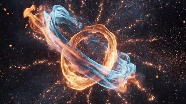 Abstract swirling particles of fire and ice intertwining with glittering dust