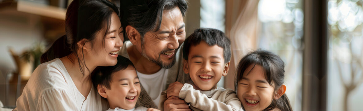 Loving Asian family enjoys laughter and meaningful moments together in a warm home.
