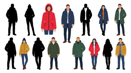 Professional vector collection featuring different man and woman wearing insulated puffer jackets, modern quilted winter coats, casual winter outfits, zipped puffer jackets © mehdik