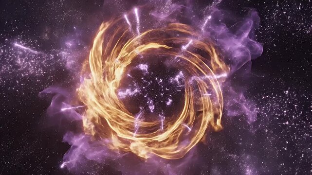 Cosmic energy vortex with purple and gold swirling lights and sparks