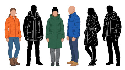 Set of vector collection featuring different man and woman wearing insulated puffer jackets, modern quilted winter coats, casual winter outfits, zipped puffer jackets © mehdik