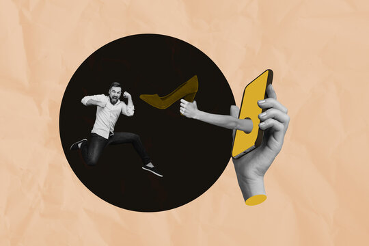 Pop template collage of person win sit near phont hold shoes on pastel background
