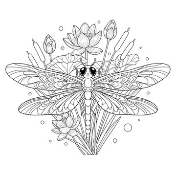 Cute cartoon dragonfly with lotus flowers and cattails, black and white line art for coloring pages, vector illustration.