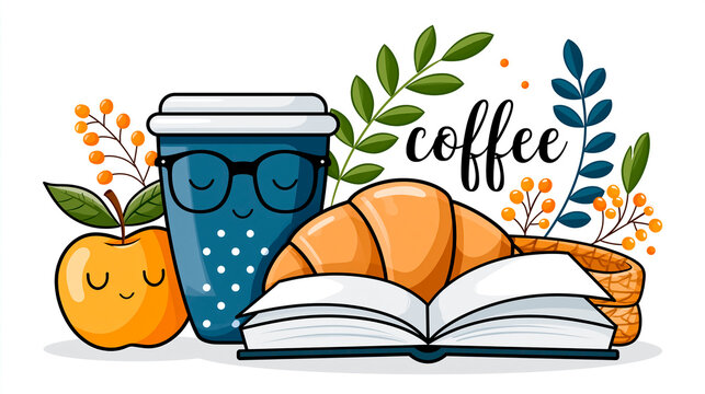Beautiful sticker with a cup of coffee, a book, and a warm scarf isolated on white background