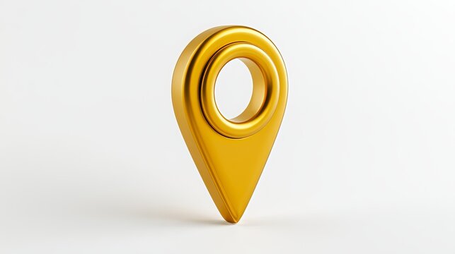 A sleek, polished golden map pin with three concentric rings and a pointed tip gleaming under soft ambient lighting on a neutral background