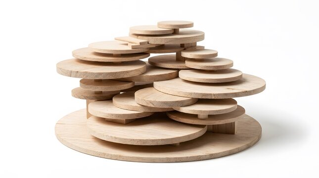 Abstract wooden sculpture composed of stacked circular discs of varying sizes and heights