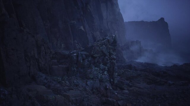 Misty coastal cliff revealing jagged rocks, lowcontrast vista of weathered stone and tideswept boulders, distant foam and whispering surf, ruined silhouette