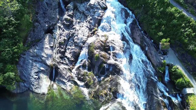 Close Drone View of Hellesyltfossen Waterfall in Hellesylt, Norway