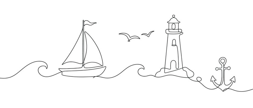 Continuous line drawing of a sailboat, lighthouse, seagulls, and an anchor nautical theme illustration