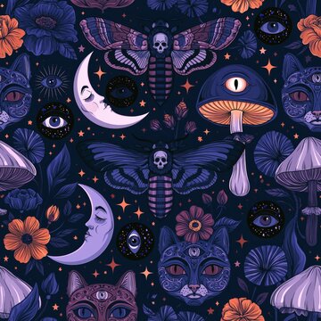 Dark Whimsical Seamless Pattern with Cat Skull, Mushrooms and Floral Eye Elements Gothic Style