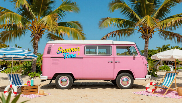 Pink vintage van on a sunny beach with palm trees.