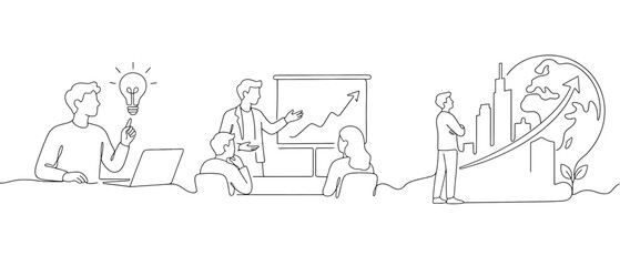 Fototapeta premium Continuous line drawing of business team brainstorming, presentation, and global growth concept of innovation, strategy, success, and sustainable development in a corporate environment