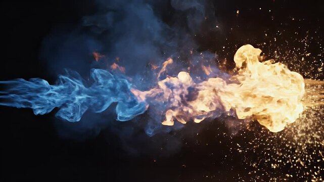 Intense blue and yellow flames with smoke and sparks erupting dynamically