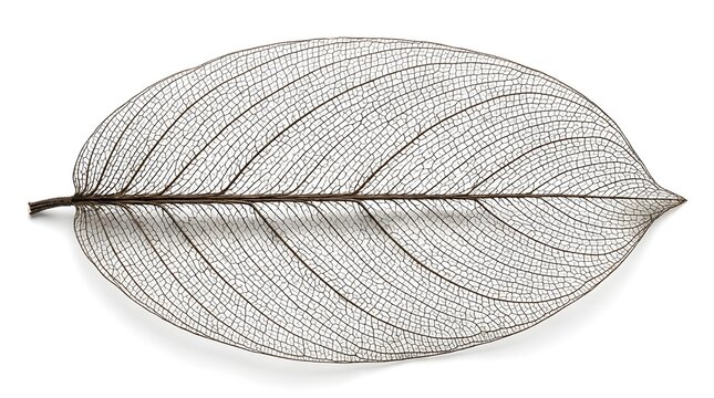 Dark brown skeleton leaf isolated on white background, for botanical projects veins