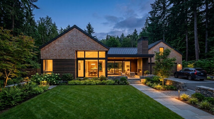 Obraz premium Modern Woodland Home Exterior at Dusk with Car and Landscaping