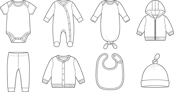 Baby Clothing and Newborn Apparel Line Art Vector Icon Set for Technical Fashion Sketches
