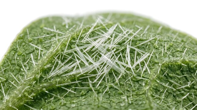 Extreme close-up of a textured green leaf surface with sharp white trichomes and moisture
