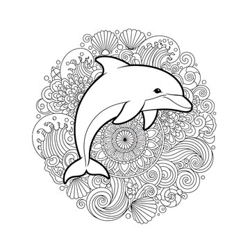 Dolphin jumping out of the water with mandala pattern, coloring page for adults and children, sea life illustration