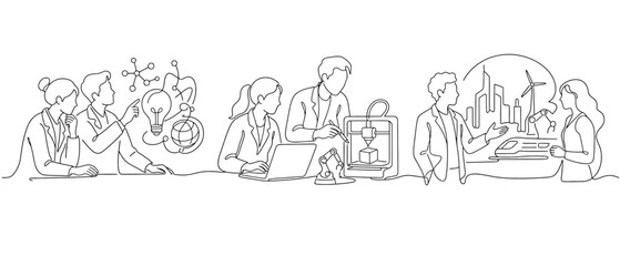 Fototapeta premium Continuous line drawing of engineers and scientists working on innovation, technology, research and development, 3d printing, smart city and sustainable energy development concepts