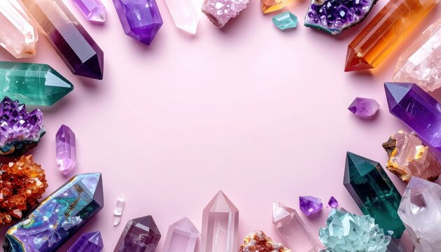 Vibrant crystal cluster arranged in a circular frame.