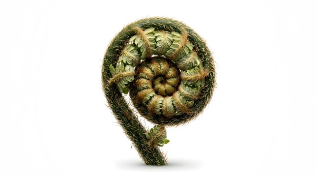 Macro close-up of a young fern frond fiddlehead unfurling in a spiral shape isolated on white base