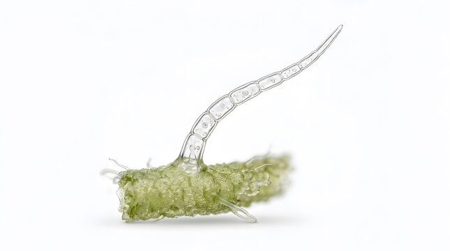 Microscopic view of a plant trichome structure on a green stem segment isolated on white