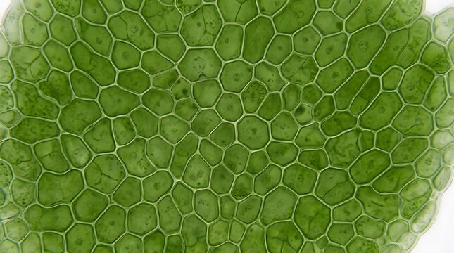Microscopic view of plant cell structure showing geometric green cellular network and patterns