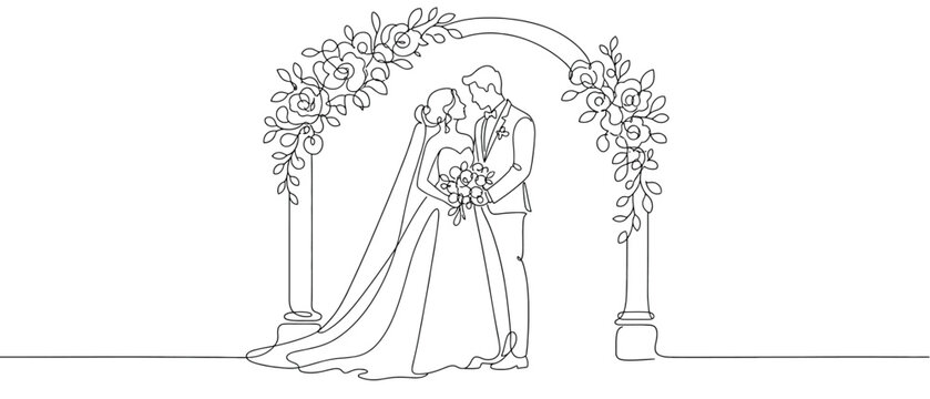 Continuous line drawing of a bride and groom standing under a floral wedding arch romantic wedding couple holding a bouquet, minimalist vector illustration for wedding invitation or card