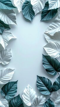 Border Frame of Cool Blue Leaves Surrounding Open Center.