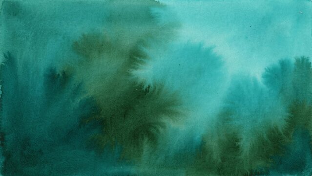 Abstract watercolor forest landscape in teal and emerald green tones atmospheric and evocative