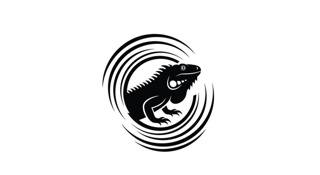 Black and white iguana logo with circular waves design.