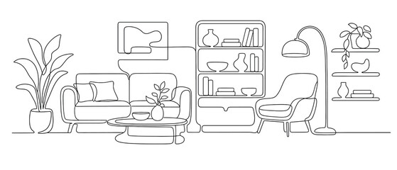 Modern living room interior with sofa, armchair, bookshelf, floor lamp and house plants vector continuous one line drawing illustration of cozy home furniture © Hikari Vector Studio