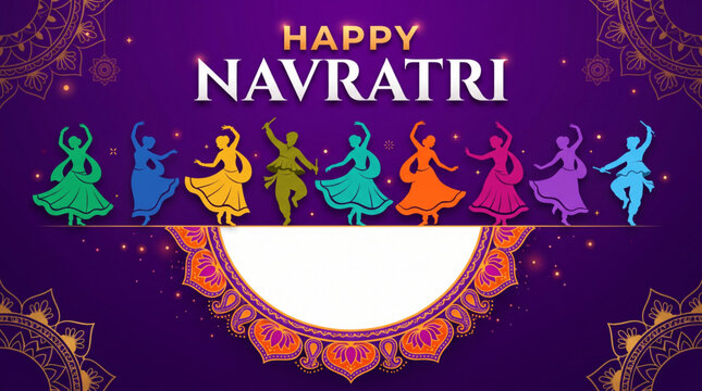 Happy Navratri Greeting Banner with Colorful Garba Dance Silhouettes on Decorative Purple Festival Background
